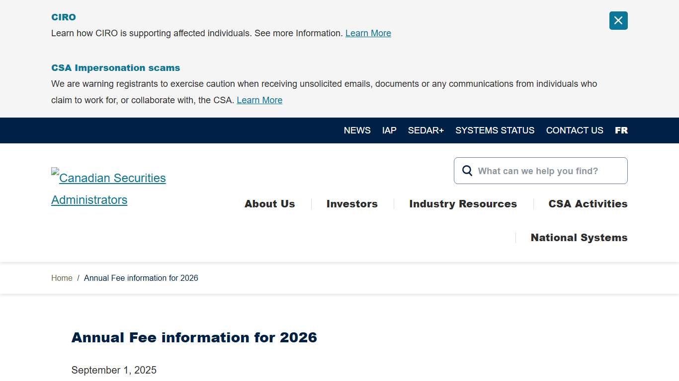 Annual Fee information for 2026 - Canadian Securities Administrators
